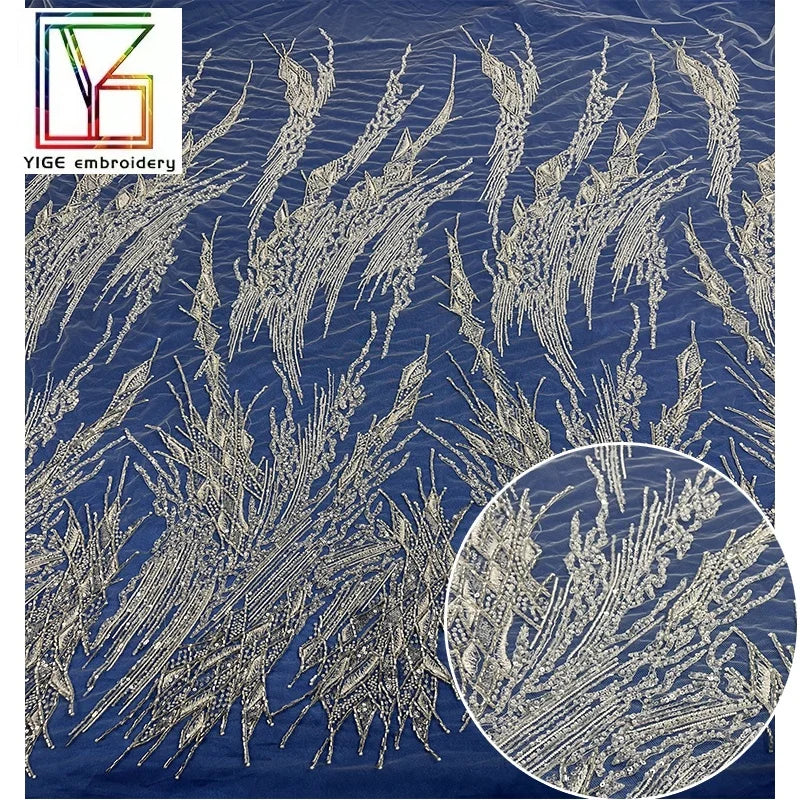 New French Heavy Beaded Sequins Tulle Lace Fabric Luxury Bridal Mesh High Density Beads Embroidery Wedding Dress Lace Fabric
