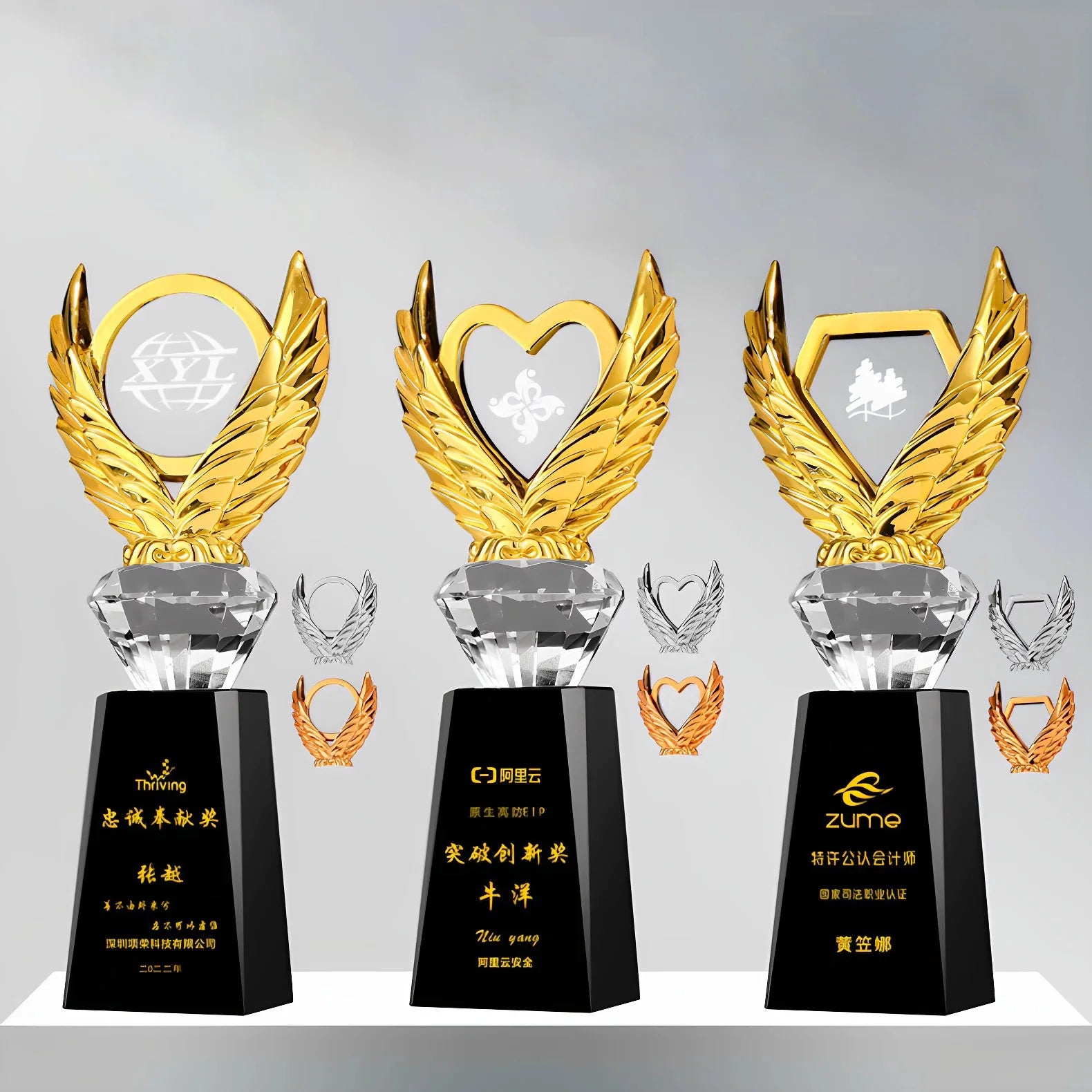 New Design Gold Silver Bronze Resin Heart with Feather Crystal Trophy Awards MH-J0069
