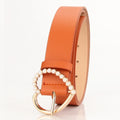 JULUN Women Belt Vintage Belts Women Belt With Pearl-Embellished Gold Buckle Elegant Orange PU Waist Accessory for Dresses