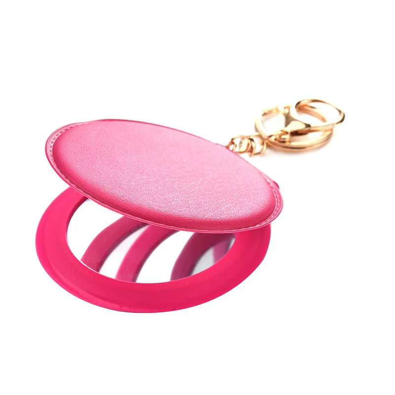 Makeup Mirror PU Small Round Mirror Keychain Double-Sided Folding Mirror Decorations Makeup Promotion Gift Keychain