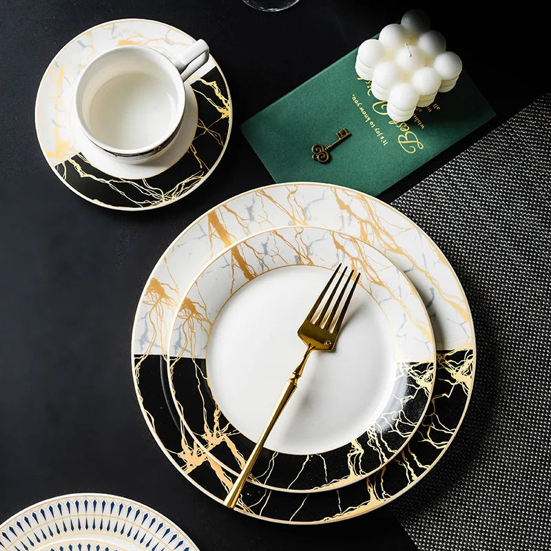 Nordic Home Gilt Ceramic Web Celebrity Tableware Steak Western Pasta Flat Dish  Plate with Golden Rim