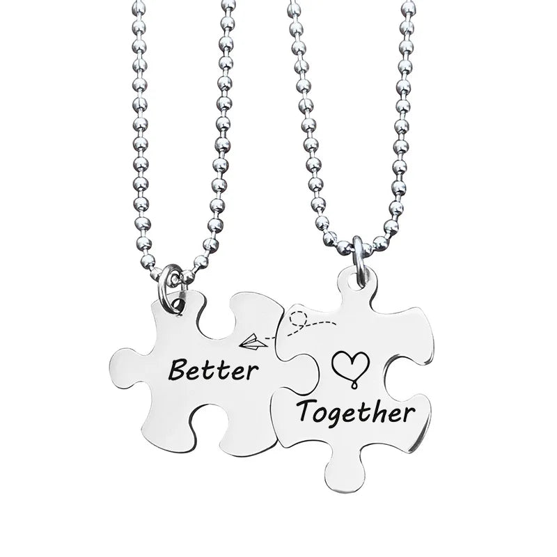 Customize Fashion Jewelry Stainless Steel Couple Jigsaw Keychains Pendant Necklace for Men