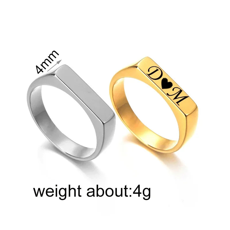 Top Quality Dainty Classic Signet Rings Custom Logo Name Stainless Steel 18k Gold Geometric Plain Bar Ring for Women Men Gift