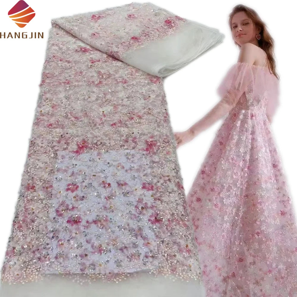 Beautiful Polyester Tulle Fabric 3D Flower Applique Lace Sequins Embroidered French Net Floral Lace for Wedding Bridal Dresses