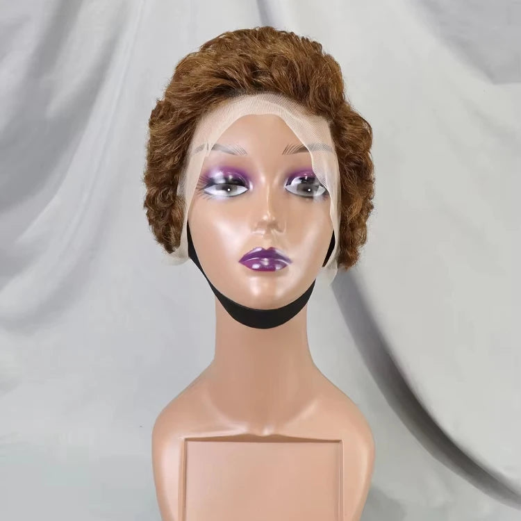Brown Color Pixie Wave 13x4 Lace Frontal Wig Full Density 100% Human Hair Curly Short Pixie Cut Wig