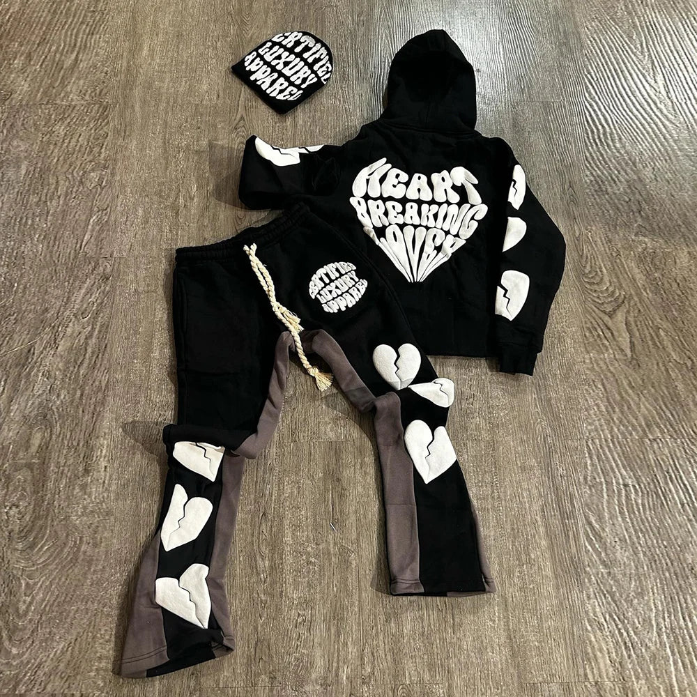 Custom Hoodies Pullover Copped Sweatsuit Acid Wash Hoodie 3d Puff Print Jogging Tracksuits Set Flared Sweatpants and Hoodie Sets