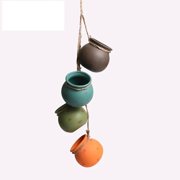 4Pcs Multicolor Ceramic Hanging Succulent Pots with Jute Rope Wall Ceiling Mount Planters for Garden & Indoor Use