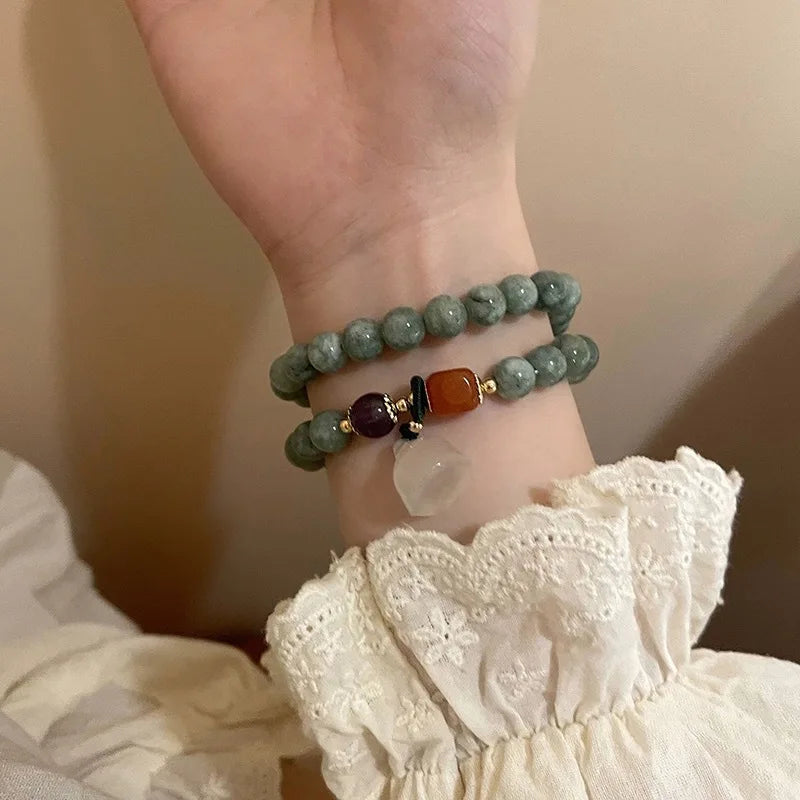 Chinese Style Green Agate Jade Natural Stone Beads Safe Buckle Charm Pendant Beaded Bracelet for Women Girls Hand Jewelry