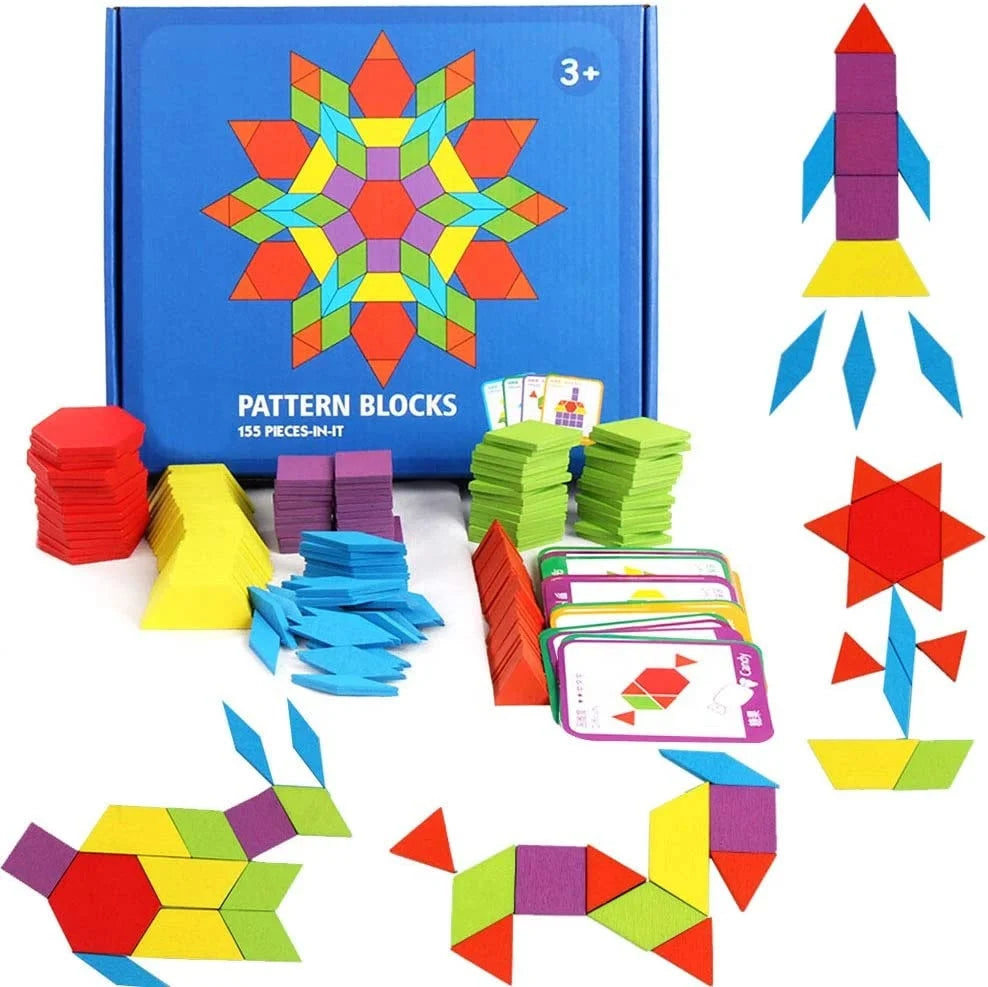 155pcs Wooden Puzzle Toys for Kids Colorful Intelligent Educational Toys Wooden Pattern Blocks Set Montessori Tangram Toys