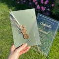 Green Luxury Unique Carte De Mariage Acrylic Invitation Card Wedding With Wax Seal and Dried Flower for Bridal Party