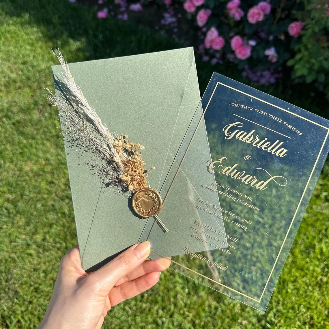 Green Luxury Unique Carte De Mariage Acrylic Invitation Card Wedding With Wax Seal and Dried Flower for Bridal Party