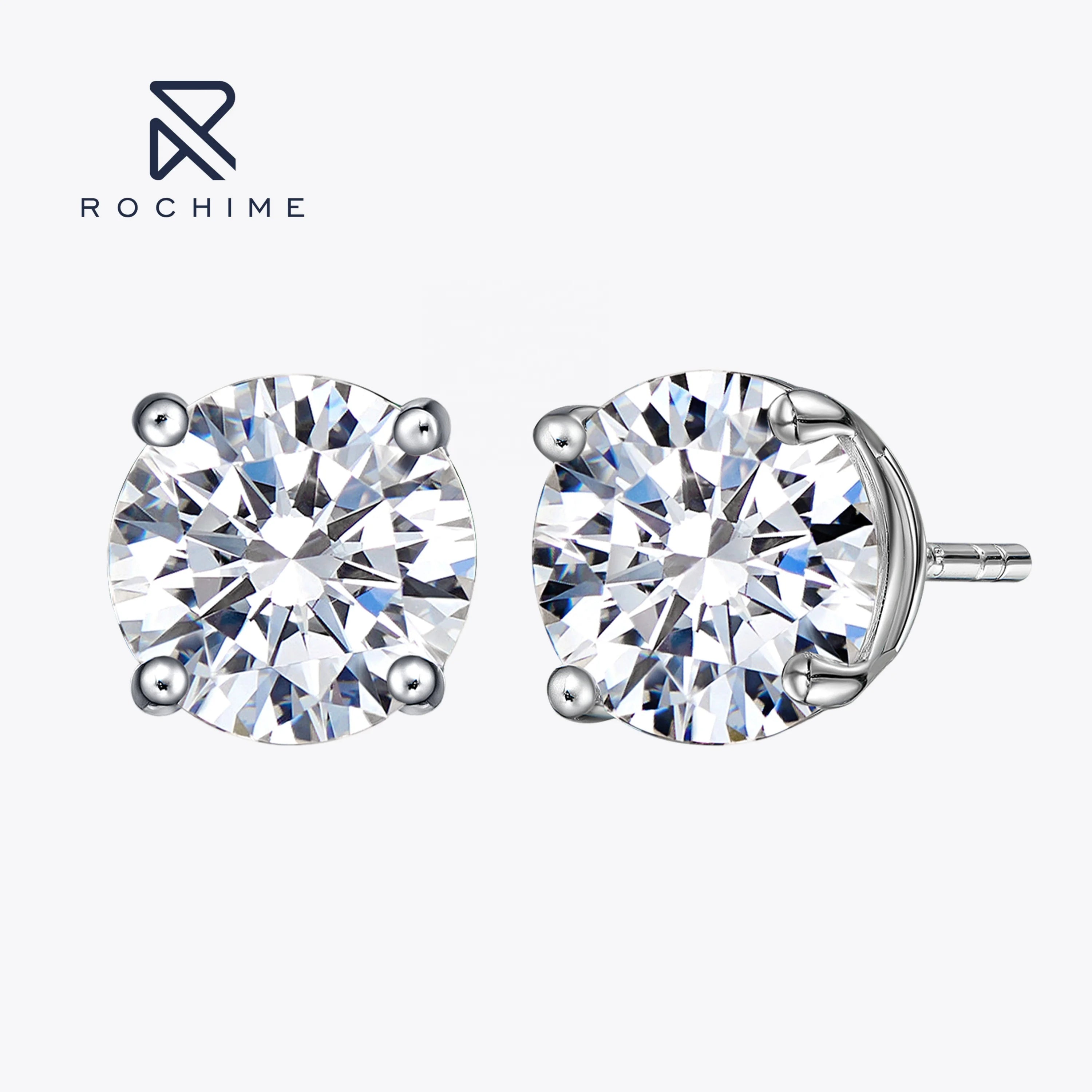 Rochime Four Prong Round Brilliant  Diamond Earstuds  925 Sterling Silver Rhodium Plated Cubic Zirconia Jewelry