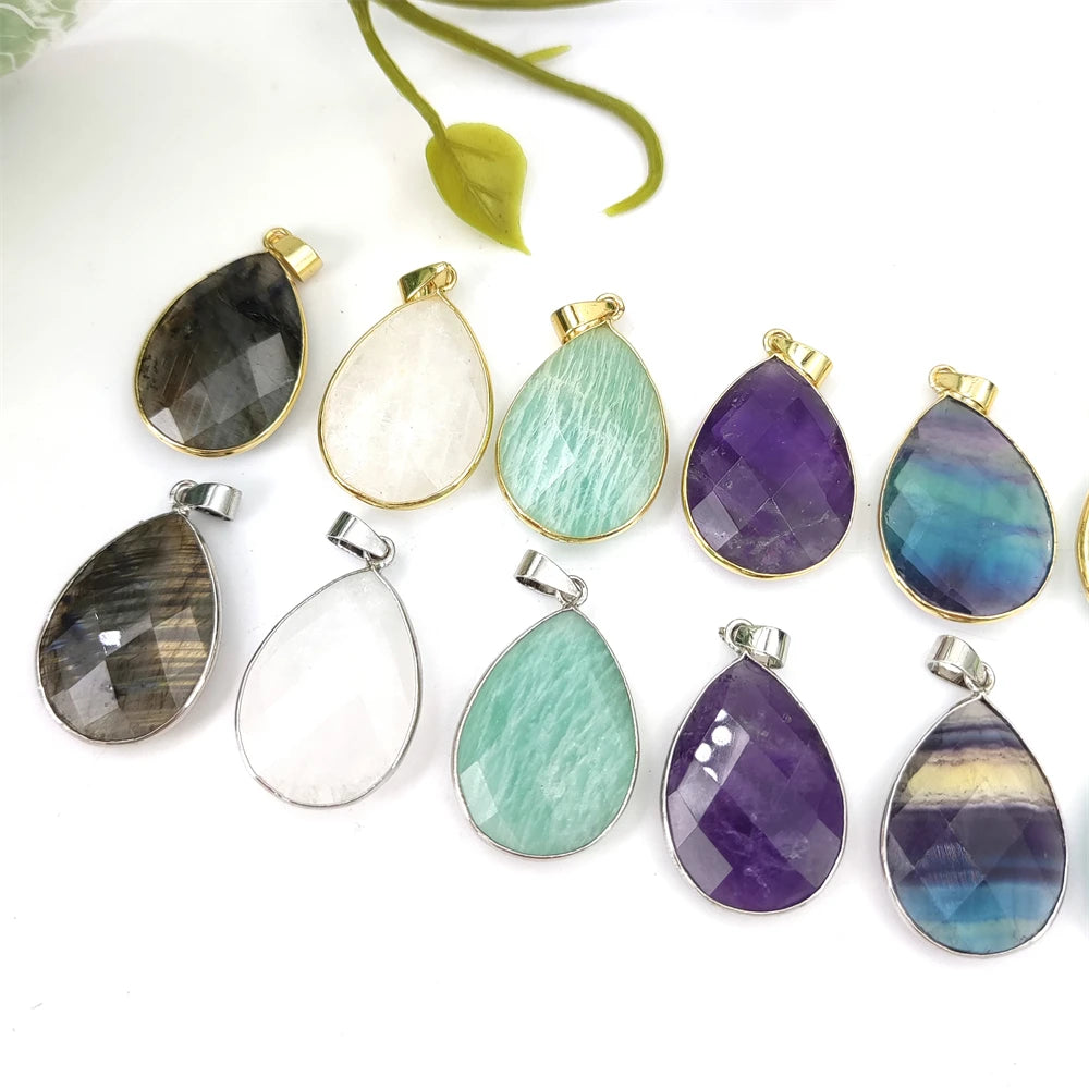 2023 Fashion Faceted Water Drop Natural Stone Amazonite Fluorite Sunstone Crystal Aquamarine Pendant DIY Jewelry Making Necklace
