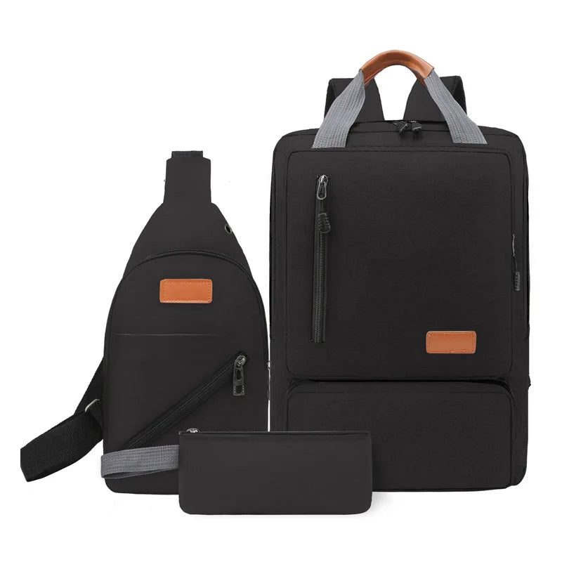 Men's Casual Three-Piece Set Backpack Large-Capacity Waterproof Student Schoolbag for Outdoor Travel Computer Use Zipper Closure