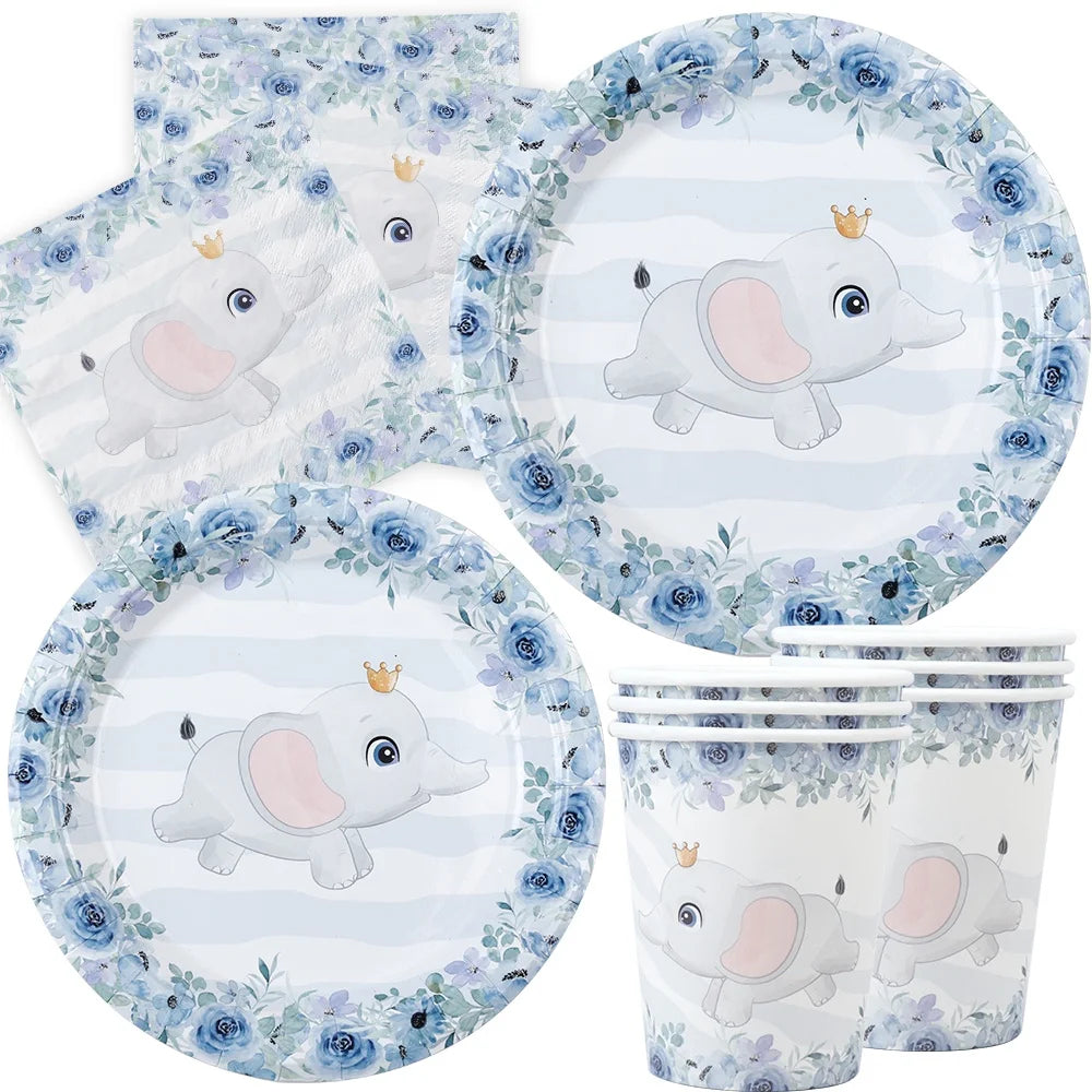 PAFU Boy Baby Shower Party Supplies Blue Elephant Tableware Set Elephant Paper Plates Cups Napkins Set of 24