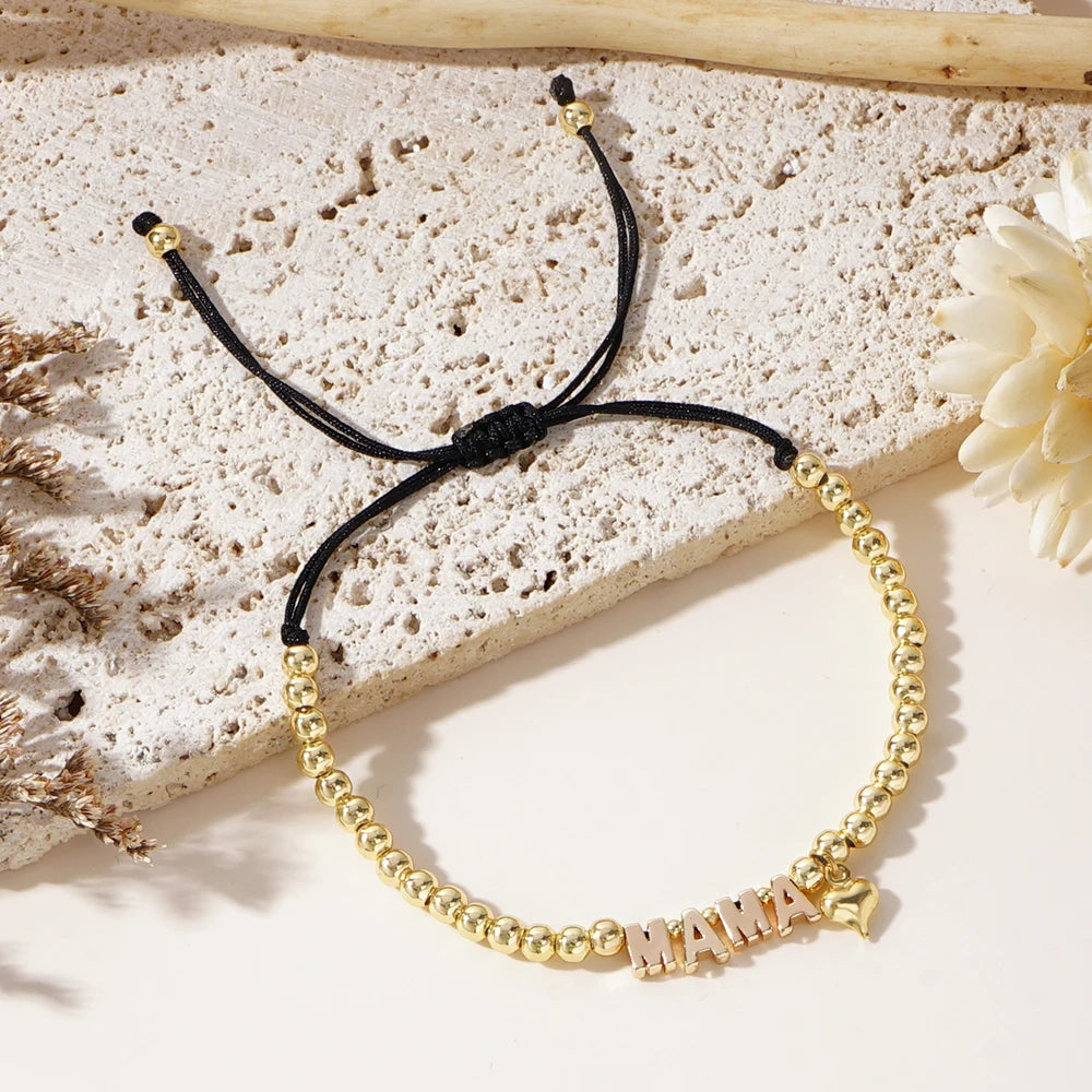 Go2boho MAMA Letter Bracelet Gold Plated Heart Charm Pearl Adjustable Beaded Jewelry Handmade Mother's Day Gift Bulk Wholesale