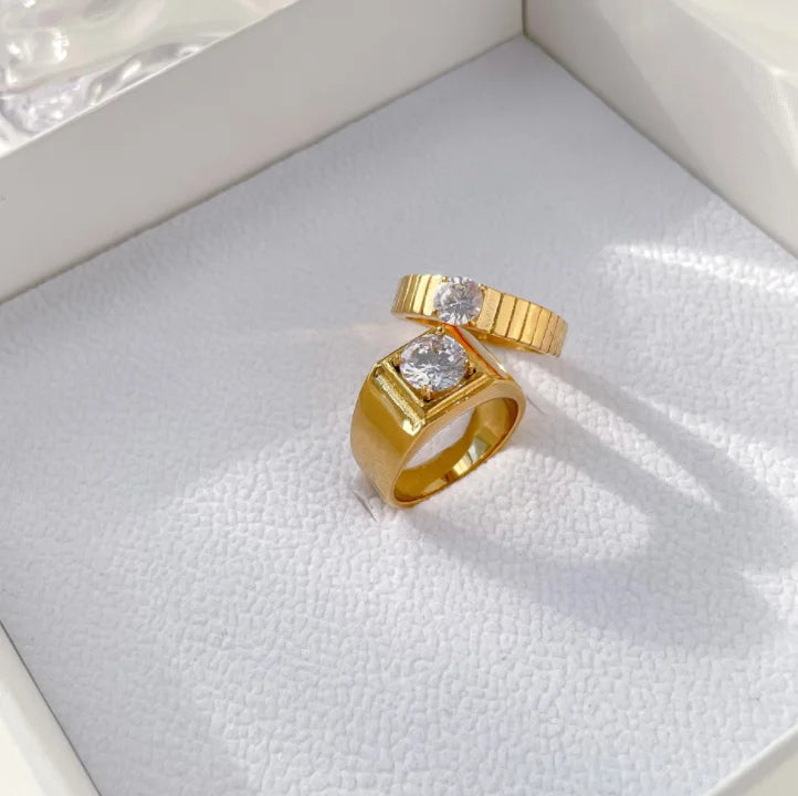 New Trendy Couple Jewelry Hypoallergenic Stainless Steel 18K Gold Plated Clear Natural CZ Stone Rings