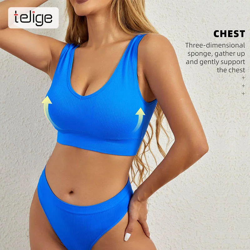 Customize Cheap Sport Yoga Ladies Bra and Underwear Nylon Ribbed Wireless Padded Comfort Backless Women Seamless Bra