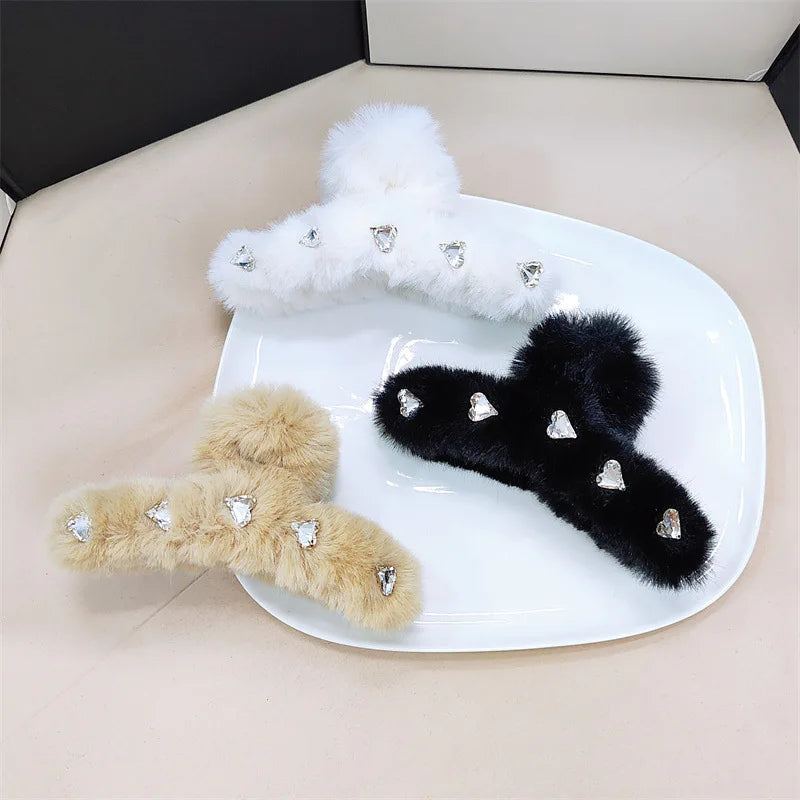 Winter Faux Fur Solid Color Hair Claw Heart Rhinestone Large Shark Hair Clips for Women Girls Hair Accessories