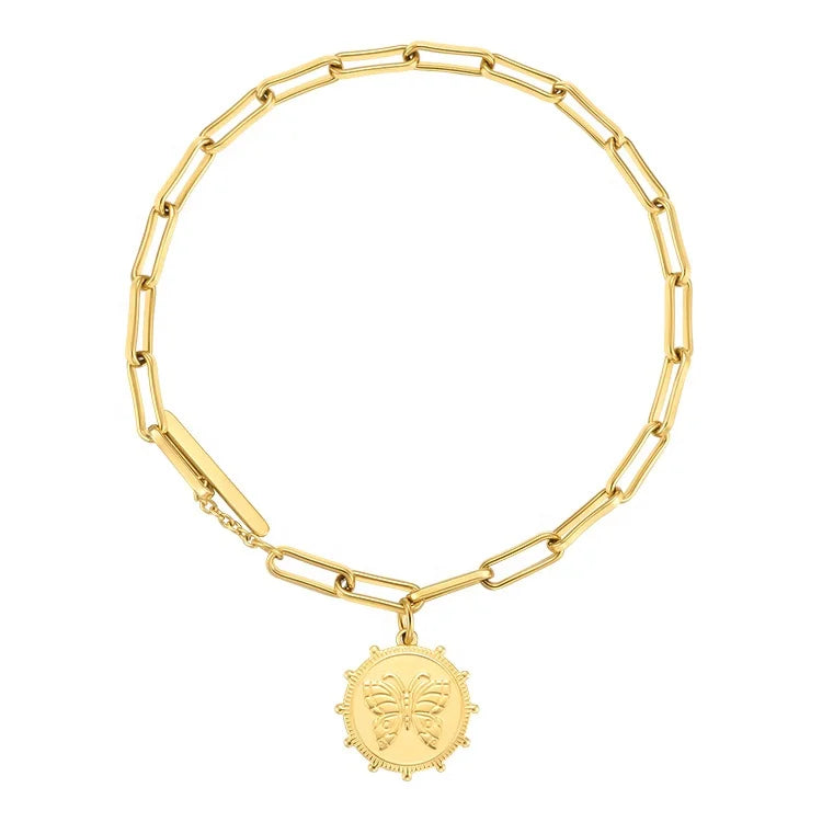 Latest High Quality 18K Gold Plated Stainless Steel Jewelry Butterfly Charm Oval Chain  Bracelet B212243