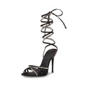 Luxury Women Heeled Sandals Bandage Rhinestone Long Straps Shiny Shoes Round Toe High Heels