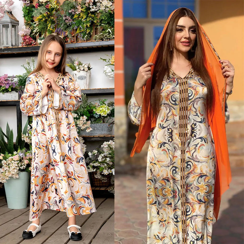 Ready to Ship Young Lady Clothing Printing Girls Abayas Kids Muslim Children Dress