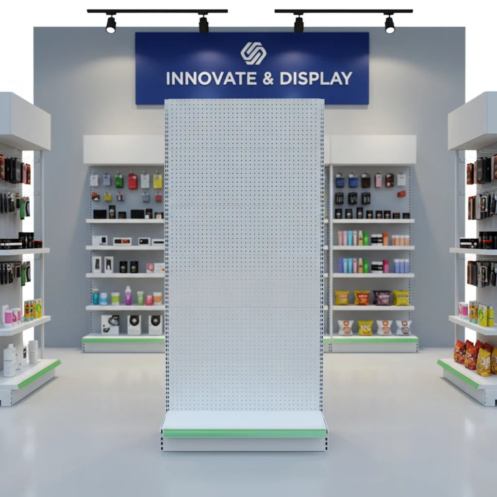 Adjustable and Removable Heavy Duty Metallic Double-Sided Warehouse Supermarket Shelves with Hanging Hooks for Grocery Stores