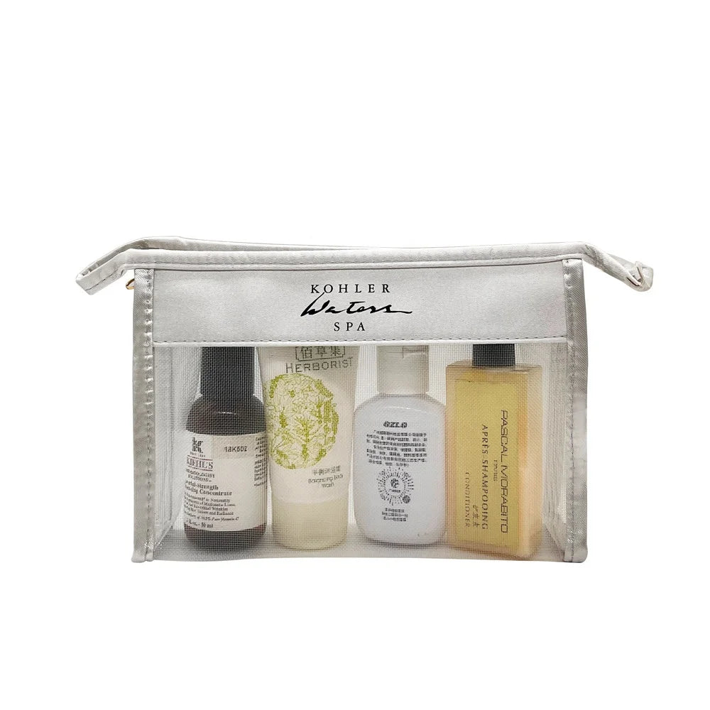 Fashion Custom Silver Satin with White Mesh Reusable Nylon Mesh Makeup Pouch Reusable Travel Zipper Bag