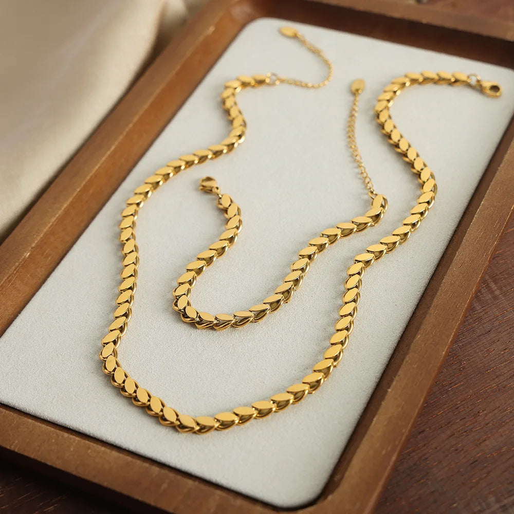 Minimalist Fashion Oval Leafs Hollow Choker Necklace Waterproof Gold Plated Stainless Steel Chains Necklace Bracelet Jewelry Set