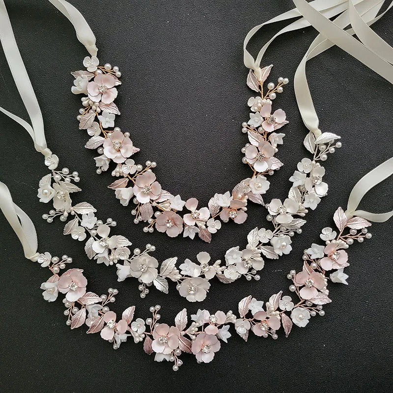 SLBRIDAL Handmade Alloy Flower Leaf Rhinestones Ceramic Flower Bridal Headband Wedding Headpieces Bridesmaids Women Hair Jewelry