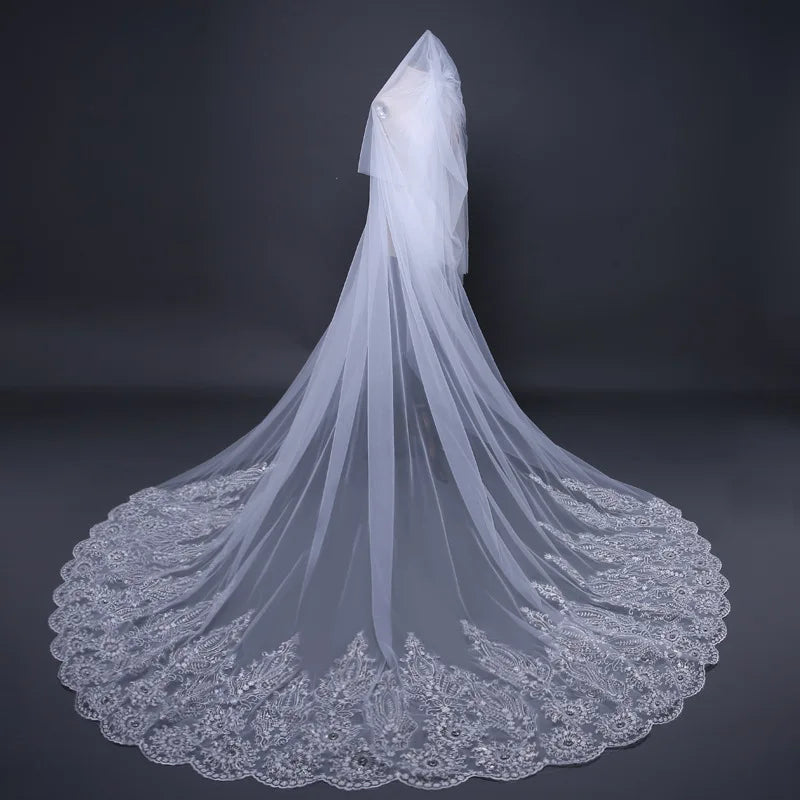 ROMANTIC New Style Long Tailed Sequin Lace Trim Wedding Veil Garment Wedding Dress Church Veil