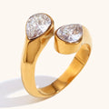 Dingran Fashion Simple Zircon Water Drop Open Ring 18K PVD Gold Plated Stainless Steel Jewelry