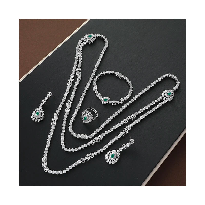 Newest Luxury Sparking Brilliant Cubic Zircon Drop Earrings Necklace Heavy Dinner Jewelry Set Wedding Bridal Dress Accessories