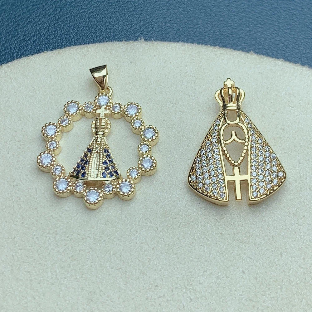 Plated Gold Rhinestone Medal Virgin Mary Pendants Charms for Jewelry Making Religion Necklace Earrings Accessories
