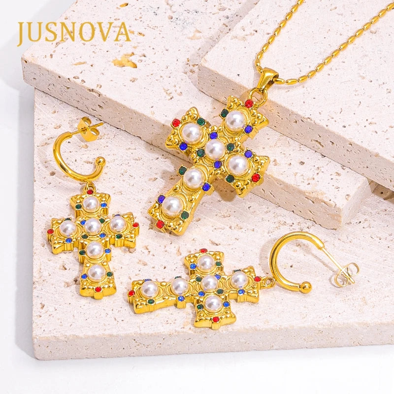 JUSNOVA 18K Gold Plated Vintage Cross Necklace Simple Cross Link Exquisite Stainless Steel Fashion High Temperament Cross-Border