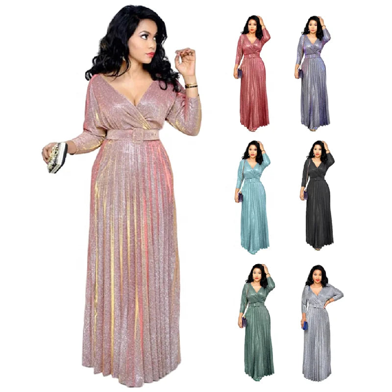 M181209 Hot Selling Women Elegant Evening Dresses Long Sleeve Gilding A-Line Shiny Party Dresses Women Pleated Dress With Belt