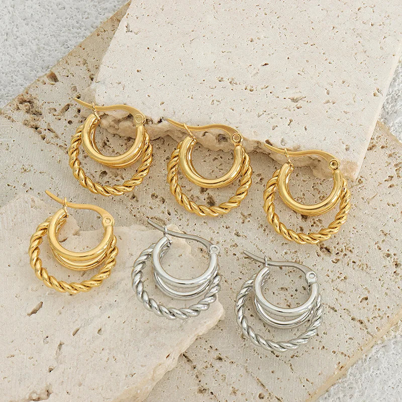 Personality Double Layer 18K Gold Plated Twisted Earrings Never Fade Stainless Steel Twist Hoop Earrings for Lady