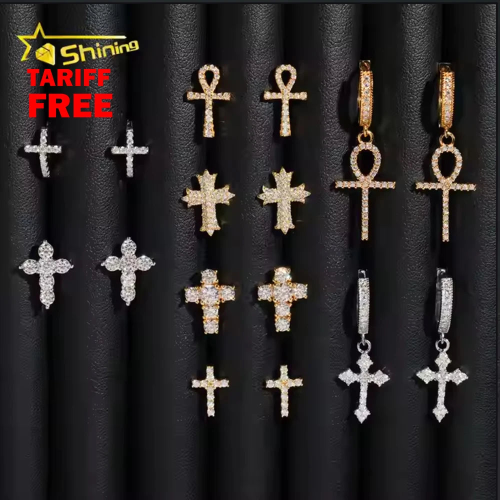 Cheapest RTS Moissanite Cross Earring Fine Jewelry Gold Plated 925 Sterling Silver Iced Out VVS Moissanite Earrings