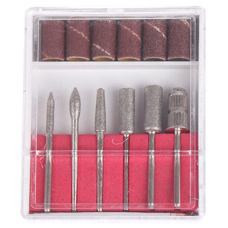 NAD001 6Pcs Emery Double Sided Nail Art Drill Bits Set with Case Sandpaper Band Gel Polish Tips for Grinding/Polishing/Remover