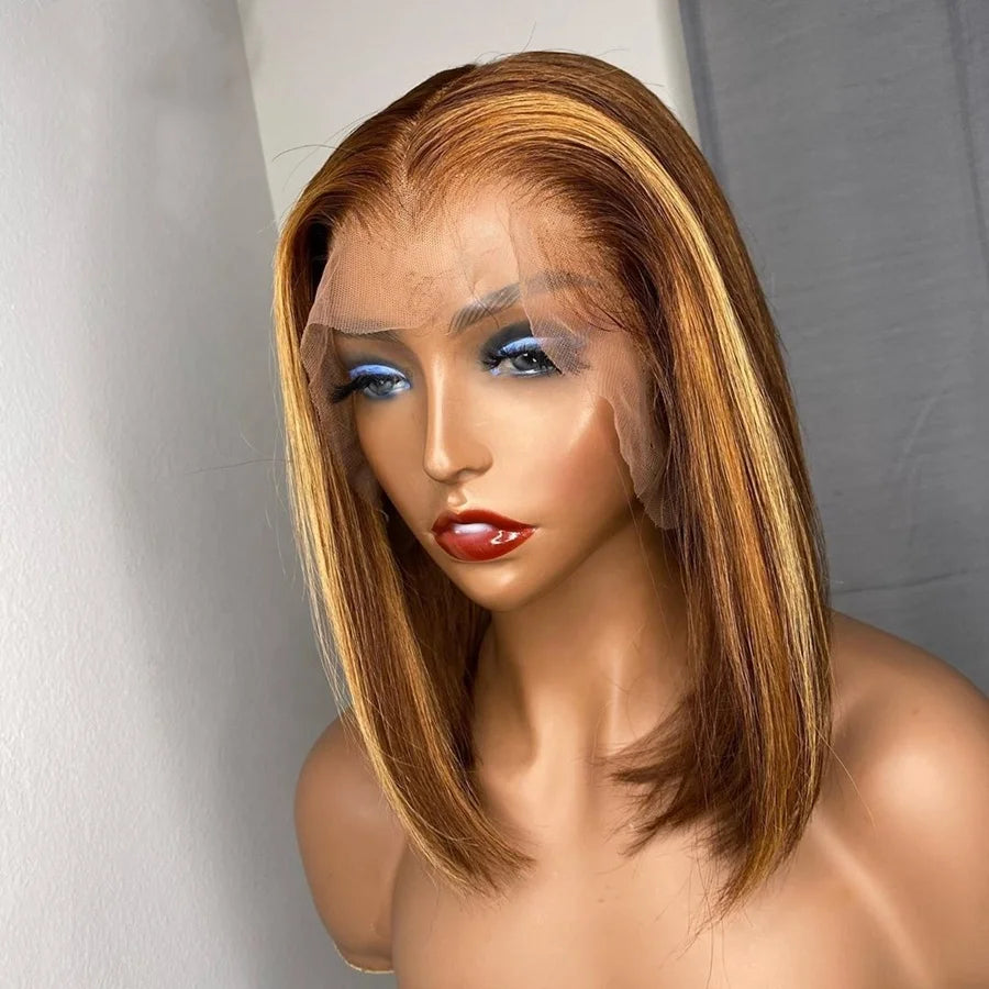 Pre Plucked Ombre Honey Brown Highlight Color Short Bob Virgin Full Cuticle Aligned Hair Lace Front Wigs