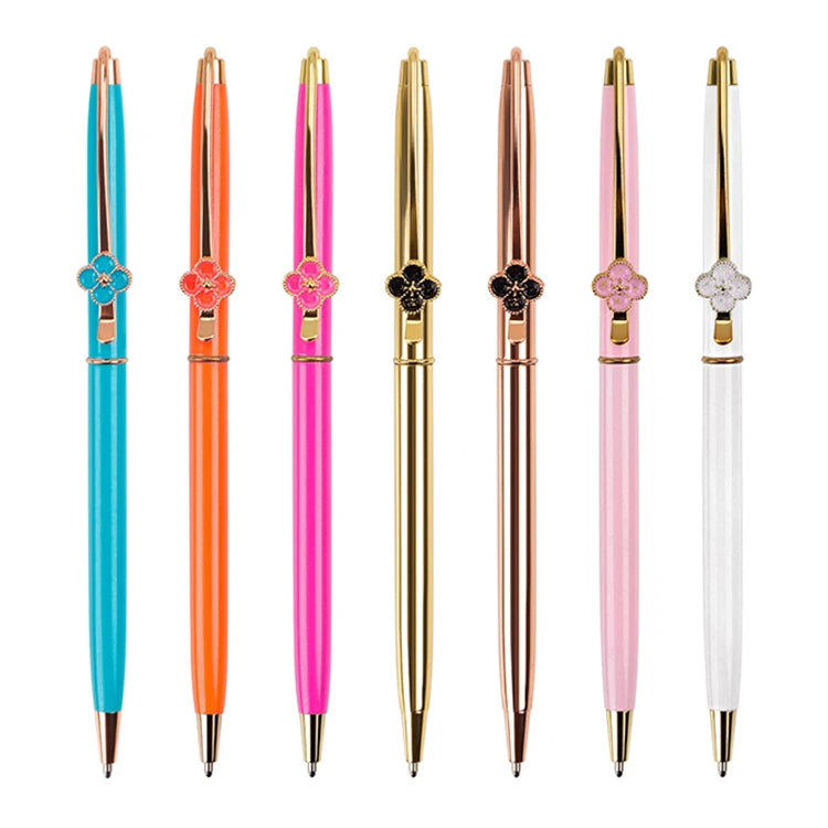 New Fashion Sports Style Slim Metal Pen Custom Logo Four-leaf Clover Flower Clip 1.0mm Writing Width Novelty Twist Ball Pen Gift