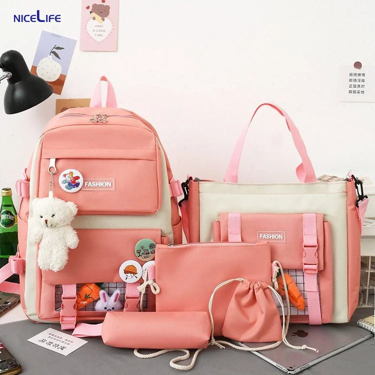 2024 Marksman Korean Style Waterproof School Backpack Bag Set Kawaii 4 Piece University Bags Girls PU Nylon Fashionable School
