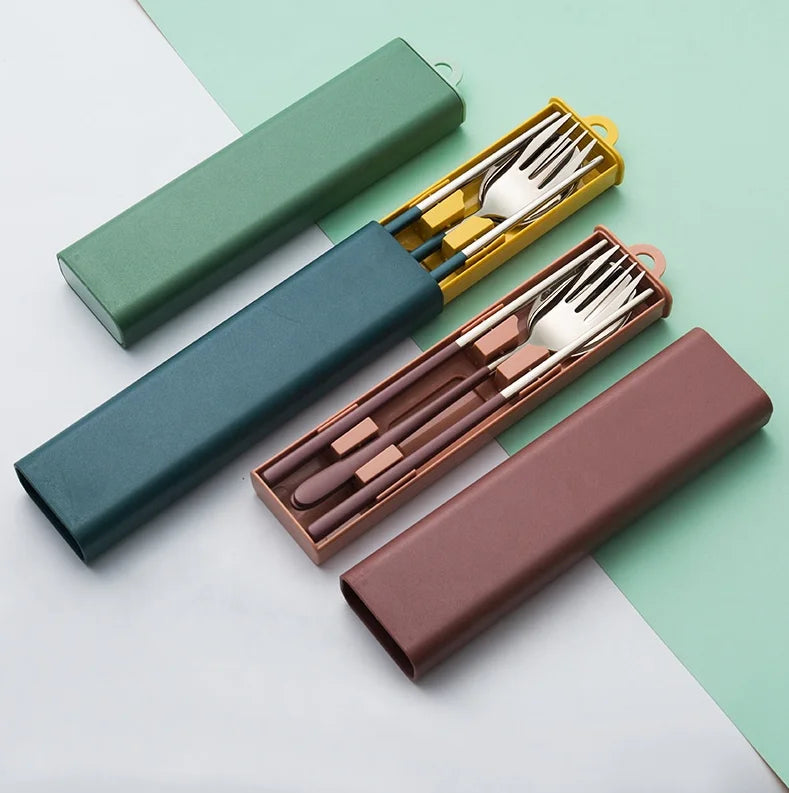Korean Style Portable Travel Stainless Steel Cutlery Set Eco-Friendly Spoon Fork Chopsticks with Protective Case