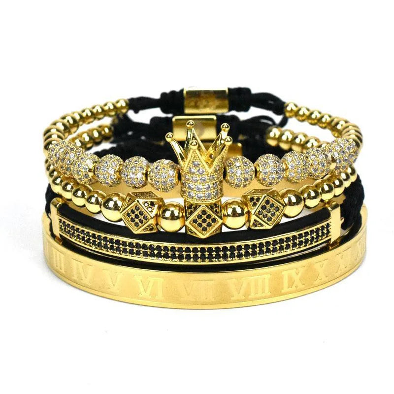 4Pcs/Set Men's Luxury Jewelry Copper Bead Micro Pave CZ Ball Crown Braiding Bracelet Set