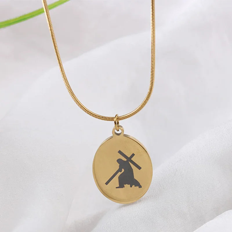Wholesale Oval Jesus  Medal Necklace Catholic Stainless Steel Gold for Women