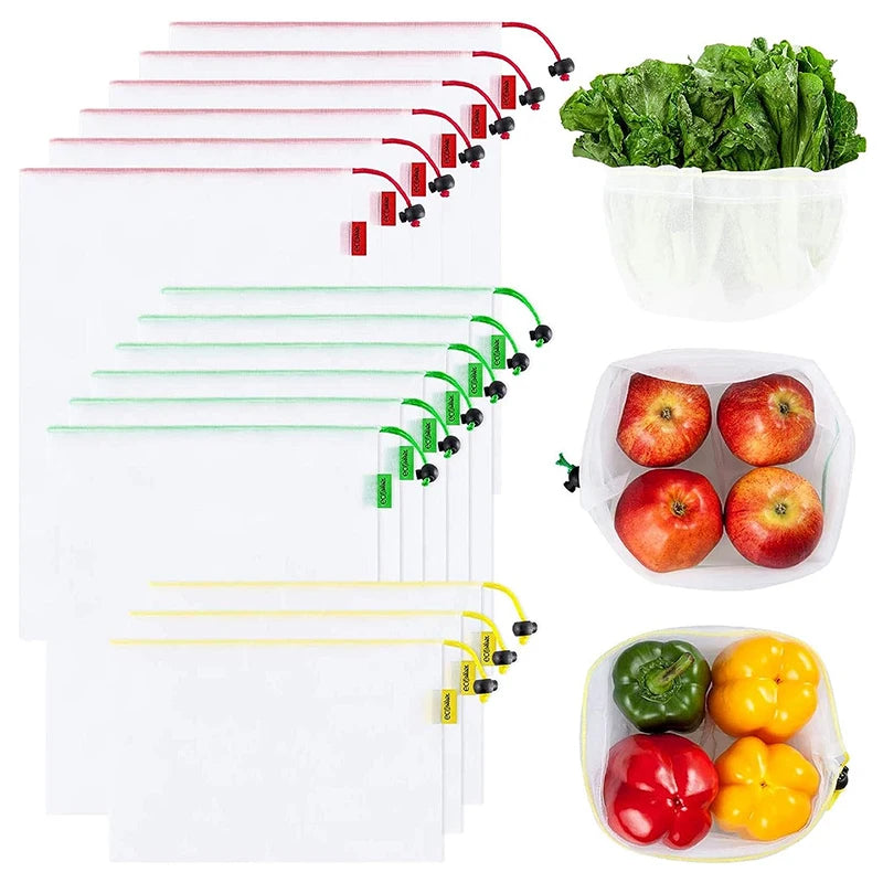 Washable and See-Through Reusable Polyester Mesh Produce Bags Drawstring RPET Shopping Bags with Toggle