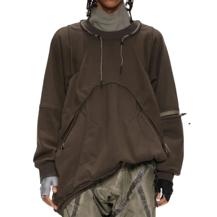 Custom Drawstring Zipper Design Hoodie Sleeves Heavyweight Solid Color Men Pullover T-shirt