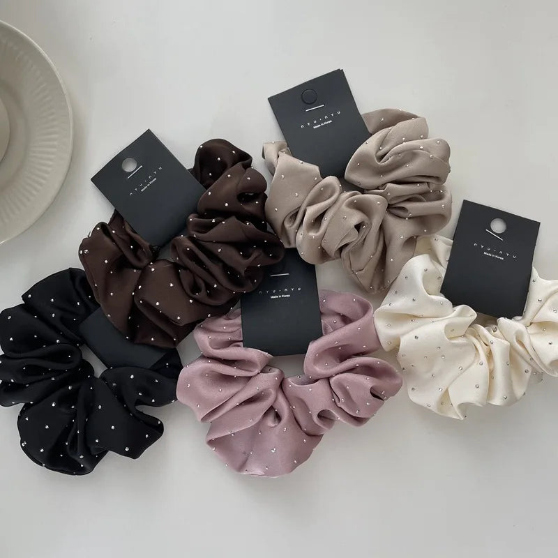 Wholesale Price Small Stone Satin Hair Scrunchies Solid Color Soft Fabric Diamond Ponytail Holder Hair Ties