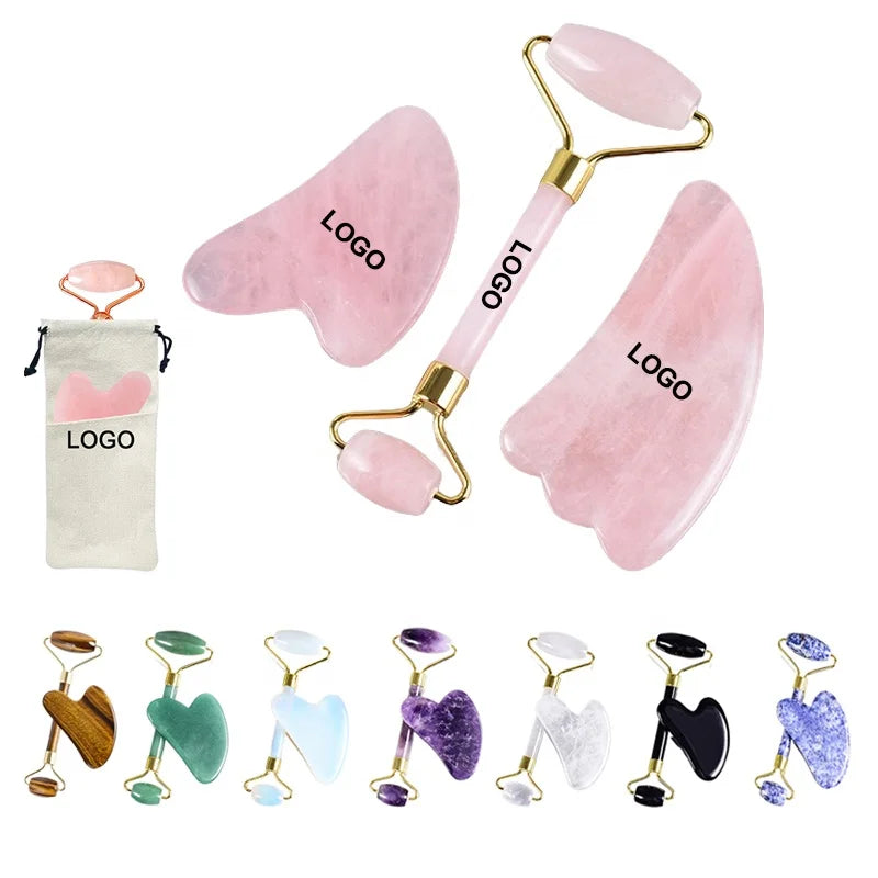 High Quality 2 in 1 Custom Logo Scraping Board Guasha Face Massage Roller Set White Jade Gua Sha Stone Jade Roller and Gua Sha