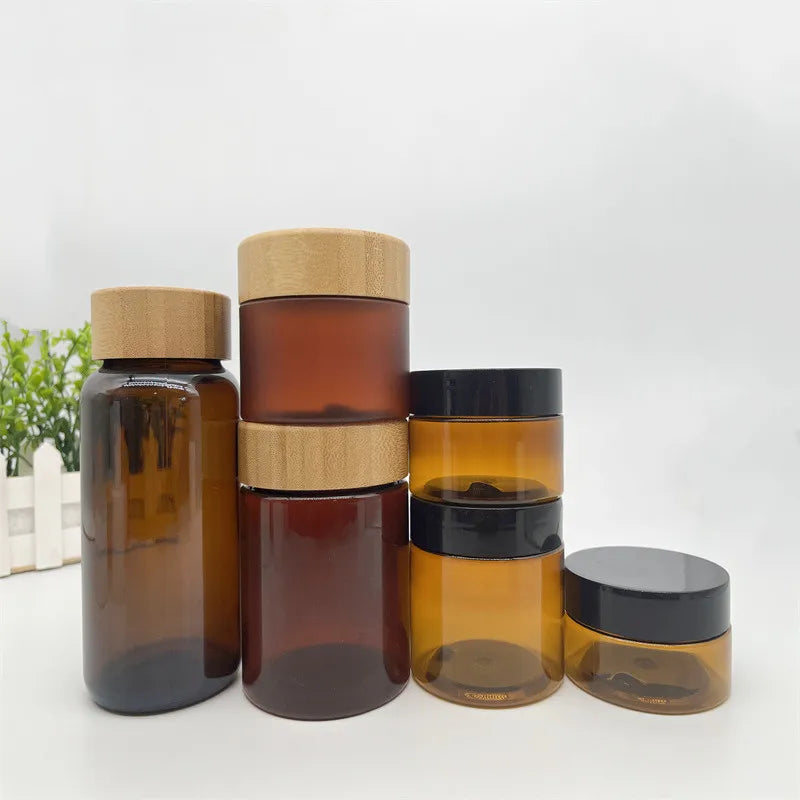 Stock Cosmetic Round Shape Amber Black Amber Jar Container Elegant Empty Cream Jars with Black Lid 50g 100g  150g 200g